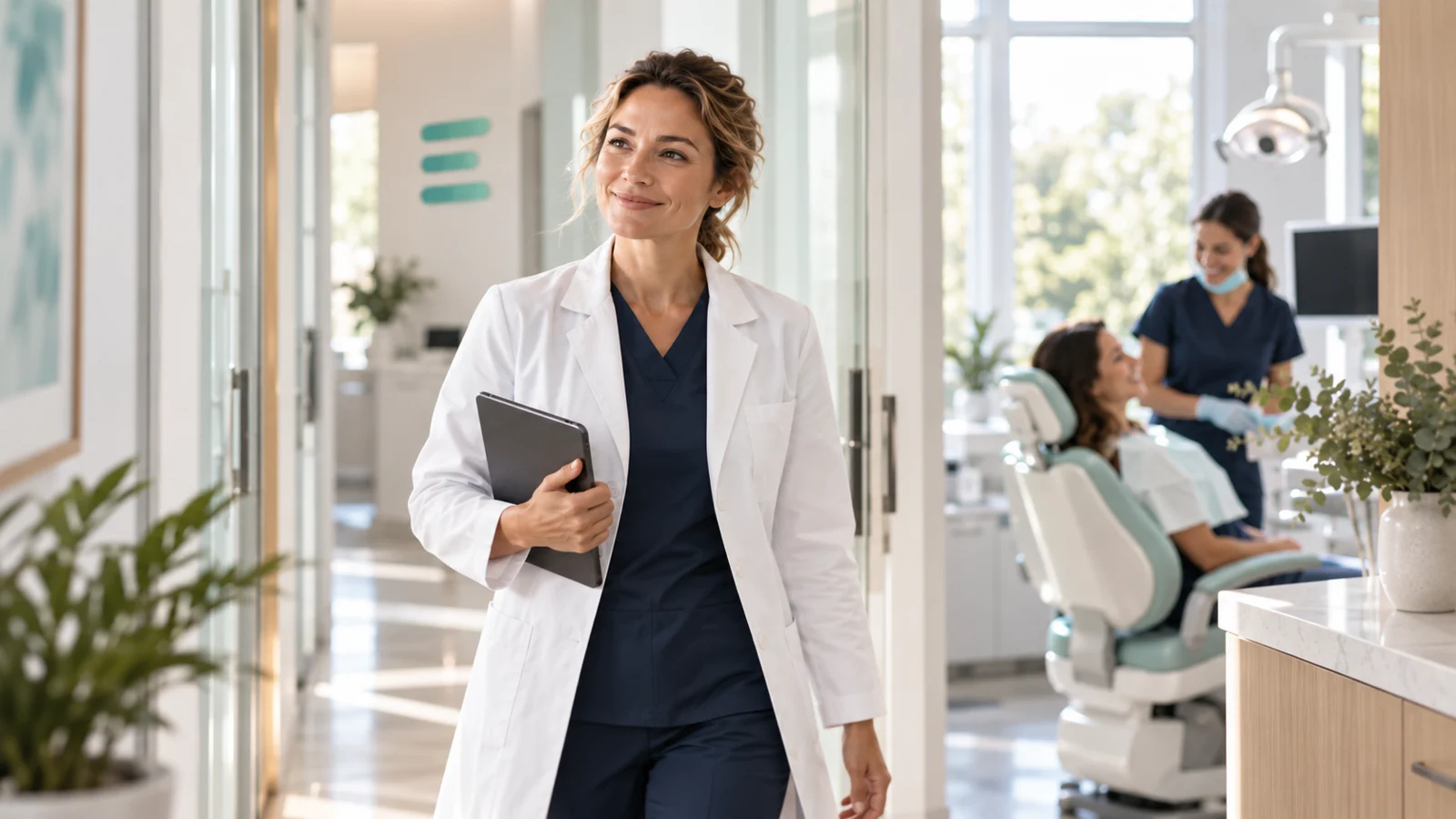 A practice owner carrying a tablet in a bright dental practice