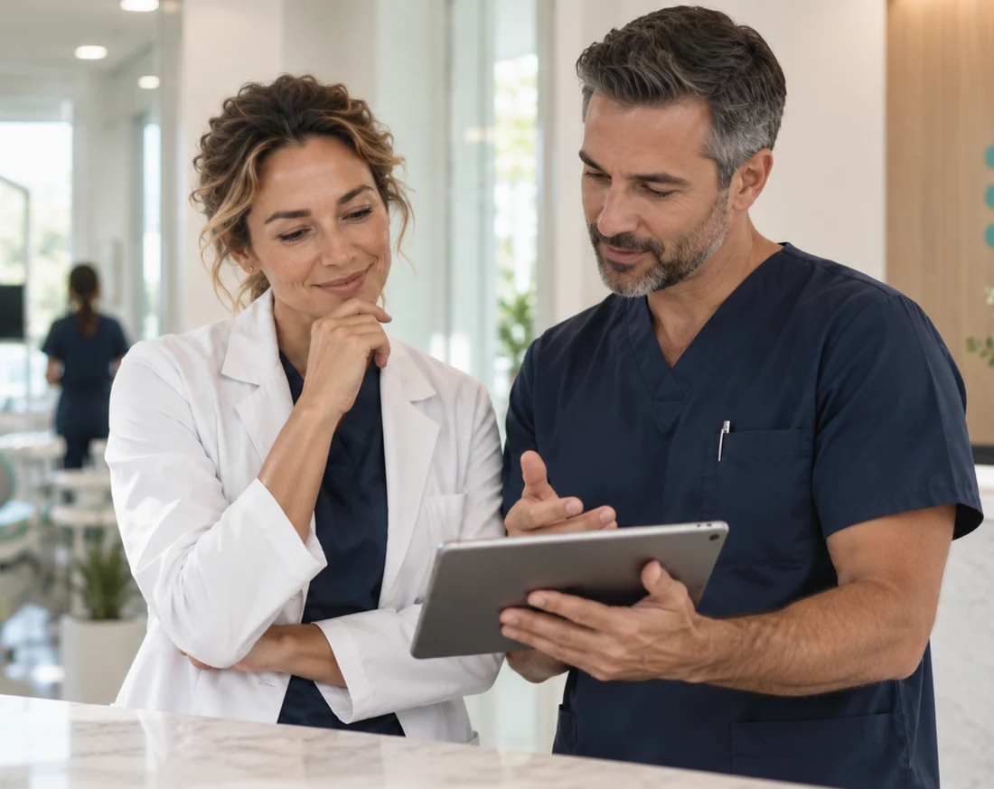 A practice owner and colleague calmly reviewing a tablet together